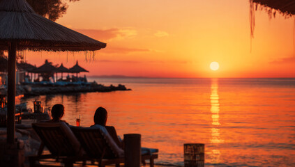 Fototapeta premium people lying on sun loungers and drinking cocktails at a sunset beach 