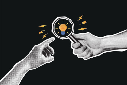 Retro collage with hands and magnifying glass. Halftone hand holds magnifying glass. Concept of new idea