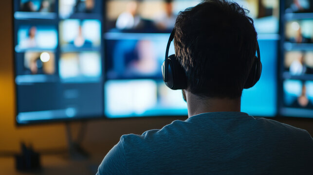 Man immersed in digital cosmos, headphones cocooning thoughts, Night of a Thousand Conversations, Cyber Serenity Festival, Caucasian male