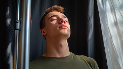 Sunlit contemplations illuminate a young Caucasian man's tranquil face, evoking World Meditation Day and introspective solstice moments