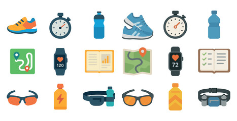 Fitness and running gear icons for health and sports enthusiasts