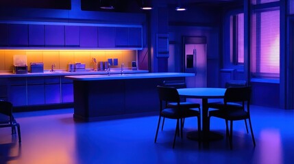 Modern kitchen interior with vibrant lighting, featuring a round table and chairs, evening ambiance