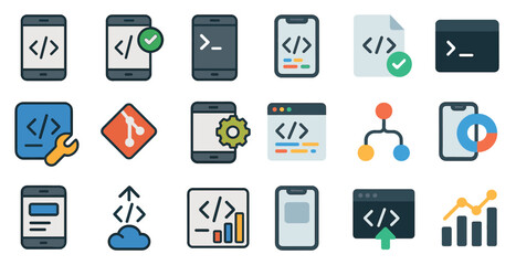 Coding and development icons for app interface and programming design