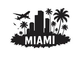Miami City Skyline with Palm Trees and Airplane – Urban Travel Vector Silhouette