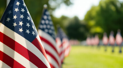 Rows of American flags wave under sunlit whispers, evoking Memorial Day reverence and Fourth of July jubilance
