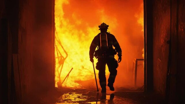 Courage Under Fire: A lone firefighter fearlessly advances into a raging inferno, silhouetted against the intense flames, embodying bravery and dedication in a dangerous situation.
