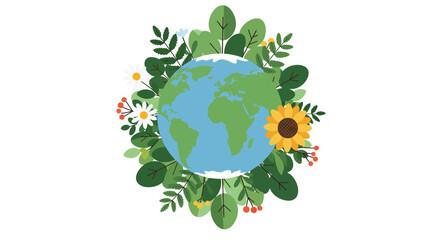 Earth Day Illustration with Globe Surrounded by Leaves Flowers and Branches on White