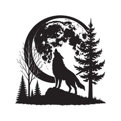 Howling Wolf Silhouette with Full Moon and Pine Trees – Wilderness Wildlife Vector Art