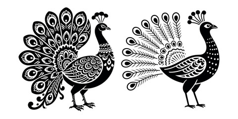 Elegant Peacock Silhouette Illustration for Wildlife and Nature Design Themes White Background.