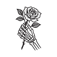 Skeleton hand holding rose flower vector illustration
