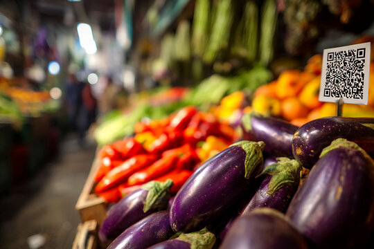 Close-up of eggplants and peppers at a market, QR code visible, blurred background showing shoppers and other produce. Showcase of fresh vegetables and digital technology integration in retail