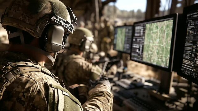 Panoramic view of a military intelligence hub, one soldier controlling zoomed-in maps on touchscreens while others communicate over headsets