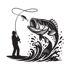 Vintage Fisherman Catching Big Bass – Black and White Fishing Vector Illustration