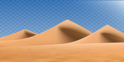 Realistic desert landscape isolated on transparent background. Sandy desert dunes. Vector