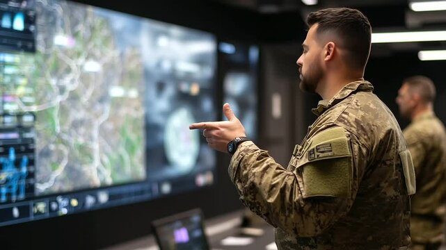 Soldier giving briefing in front of tactical display wall showing military zones, weather overlays, and real-time satellite intel