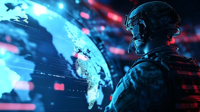 Focused soldier scans encrypted military dashboard, global map glowing with active mission routes and combat support data
