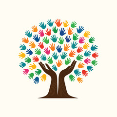 Diversity Tree Made of Colorful Handprints – Unity and Community Concept Vector