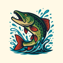 Colorful Jumping Pike Fish Vector – Aggressive Freshwater Predator Illustration with Splash