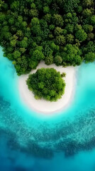 Aerial View Of Tropical Island With Lush Green Forest