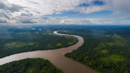 Obraz premium Aerial View of Winding River Through Lush Green Forest