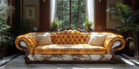 Tufted Leather Couch with Cushions in an Elegant Room with Window View