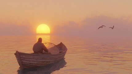 a lone fisherman in a small boat in the sea looking for fish with a view of the sunset