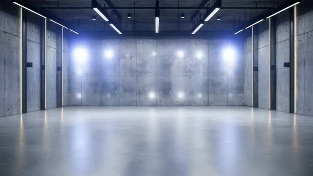 Modern industrial interior space with concrete walls, sleek lighting, and minimalistic design offering versatility for various uses 4k video footage