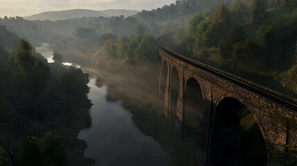 Fototapeta premium Misty Valley With Ancient Stone Bridge