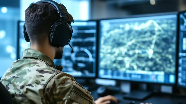 Soldier in camouflage uniform sits in front of a high-tech multi-monitor station tracking troop movements and enemy targets from aerial drones