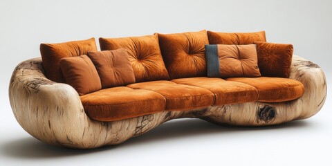 Modern Orange Couch with Pillows and a Wooden Base on a White Background