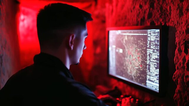 Inside classified war command bunker, a military intelligence analyst updates enemy coordinates, monitor showing real-time combat zones