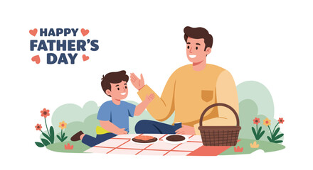 Happy Fathers Day Picnic with Dad and Son in a Flat Vector Illustration