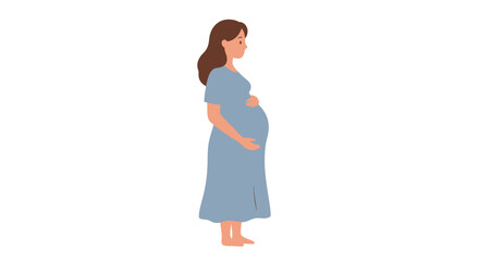Pregnant Woman in Blue Dress Holding Her Belly with a Gentle Smile on White