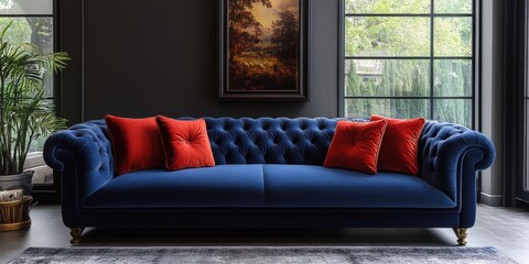 Velvet Blue Couch with Red Pillows in an Elegant Room with Dark Walls