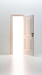 Escape exit minimalist. A white door is slightly open, letting bright light flood into an otherwise empty, minimalist room.