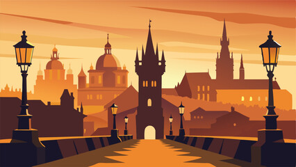 Prague cityscape illustration golden hour travel destination