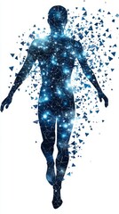 Escape exit minimalist. A digital human silhouette dissolves into glowing blue particles and triangles on a white background.