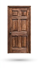 Escape exit minimalist. A rustic wooden door with a classic panel design, isolated on a white background.