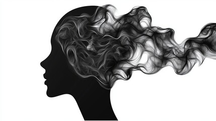 Escape exit minimalist. A black silhouette of a head with abstract, smoky lines flowing from the mind, symbolizing thoughts or emotions.