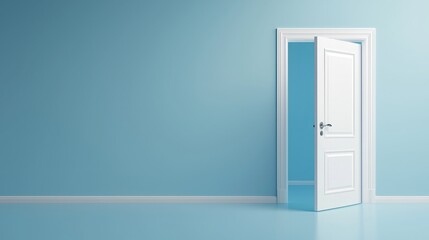 Escape exit minimalist. A white door partially open in a minimalist blue room with clean lines and soft lighting.