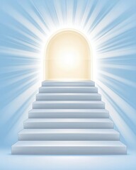 Escape exit minimalist. A glowing doorway at the top of white stairs, radiating bright light against a serene blue background.