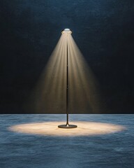 Escape exit minimalist. A single standing lamp illuminates a dark, empty room with a focused circle of warm light.