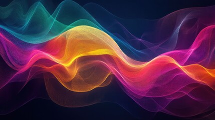 A vibrant abstract wave composition with flowing shapes in electric blue, neon pink, and bright yellow, creating dynamic energy with soft gradients