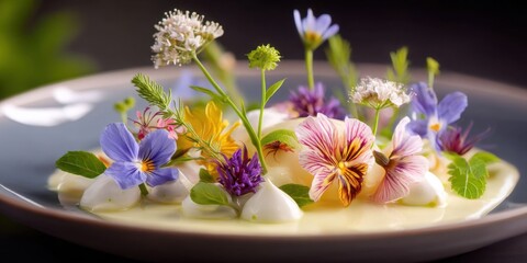 Elegant Dessert with Edible Flowers and Creamy Sauce in Upscale Dining Setting