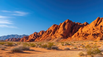 Naklejka premium Majestic Red Rock Mountains Under Clear Blue Sky with Sparse Vegetation in Desert Landscape