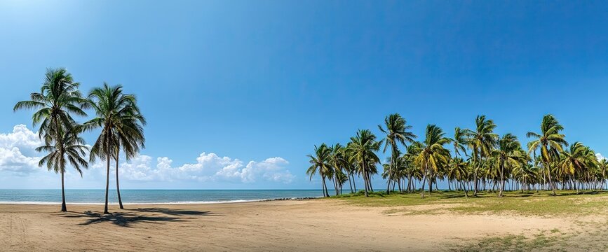 Panoramic view of a tropical beach with palm trees.  Vast expanse of sandy shore, gentle waves, and a clear azure sky.  Several coconut palms line the shoreline