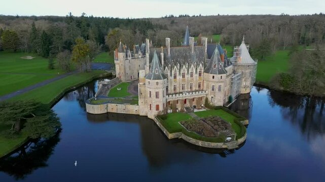 Chateau de la Bretesche, stunning castle on a small island on a river, France 4k