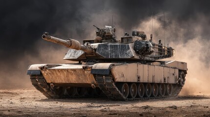 Military tank in a dusty environment
