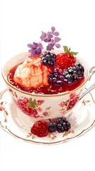 Fruit dessert with red sauce and berries in floral teacup, complete with saucer and flowers