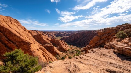 Expansive view of red rock canyons under a bright blue sky with scattered clouds in the background